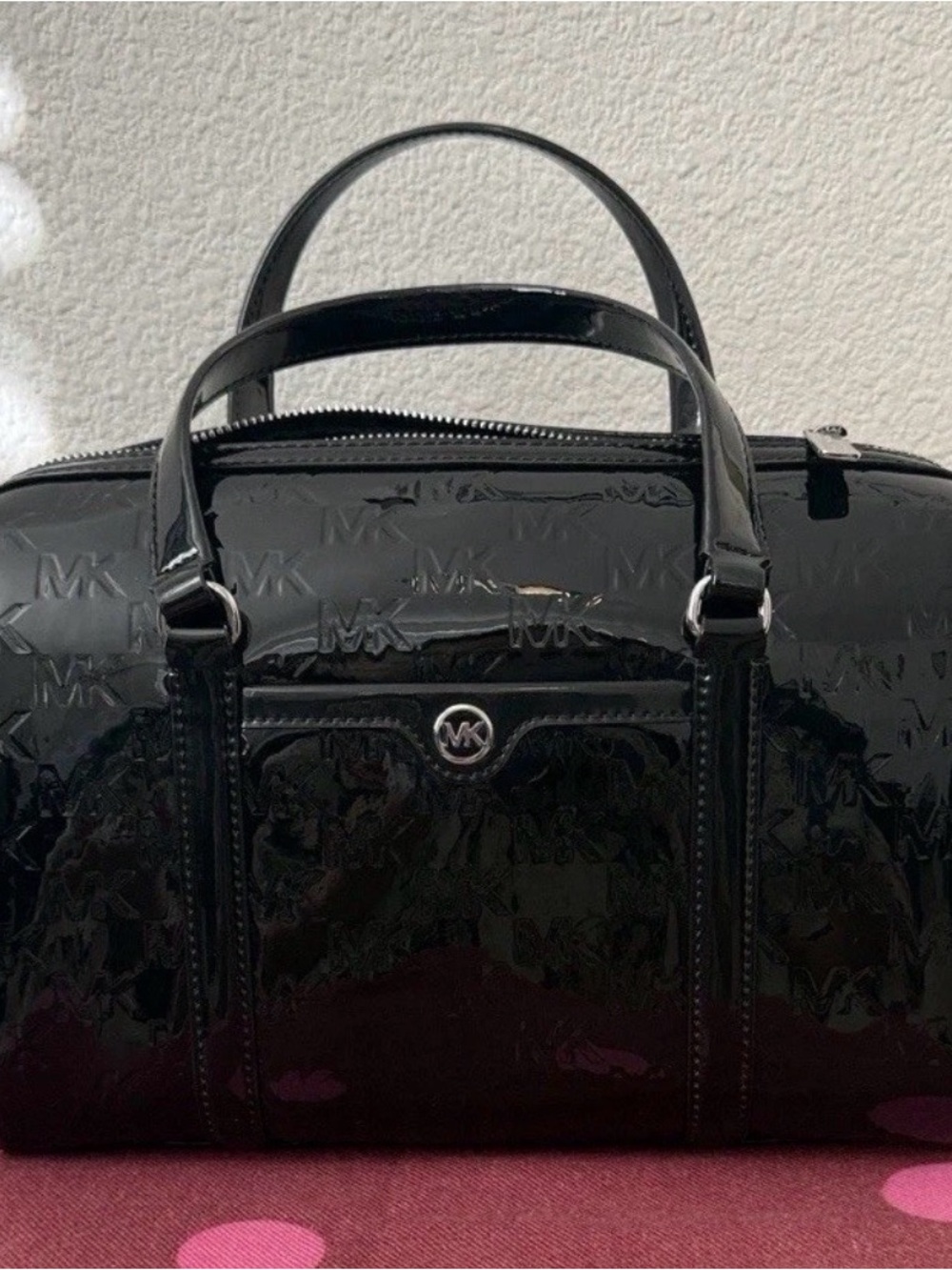 Michael Kors Black Patent MK Embossed Satchel